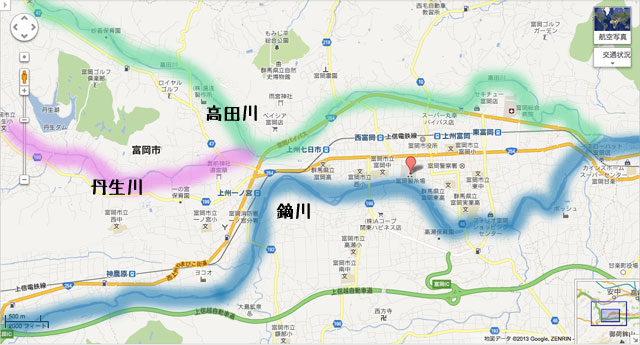 丹生川、高田川、鏑川と富岡製糸工場跡の位置関係