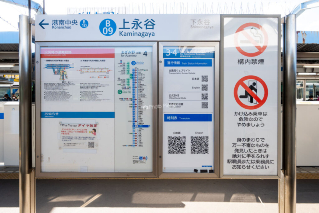 上永谷駅ホームの案内板 上永谷駅ホームの案内板